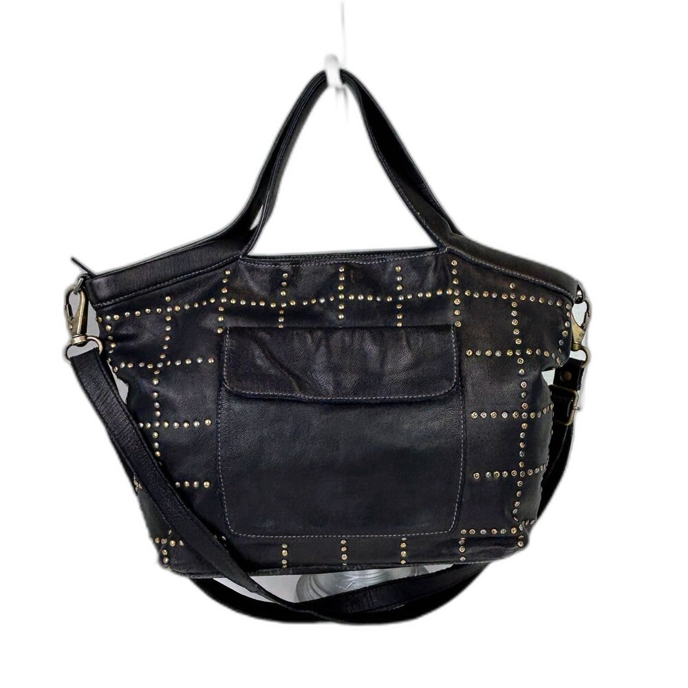 Latico NJ Free People Colin Leather Tote Bag Black Studded Mixed Metal Shoulder